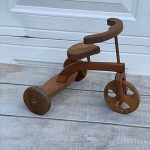 Vintage Handmade Wooden Tricycle Doll Toy Heart Cutout Rustic Farmhouse Decor 14